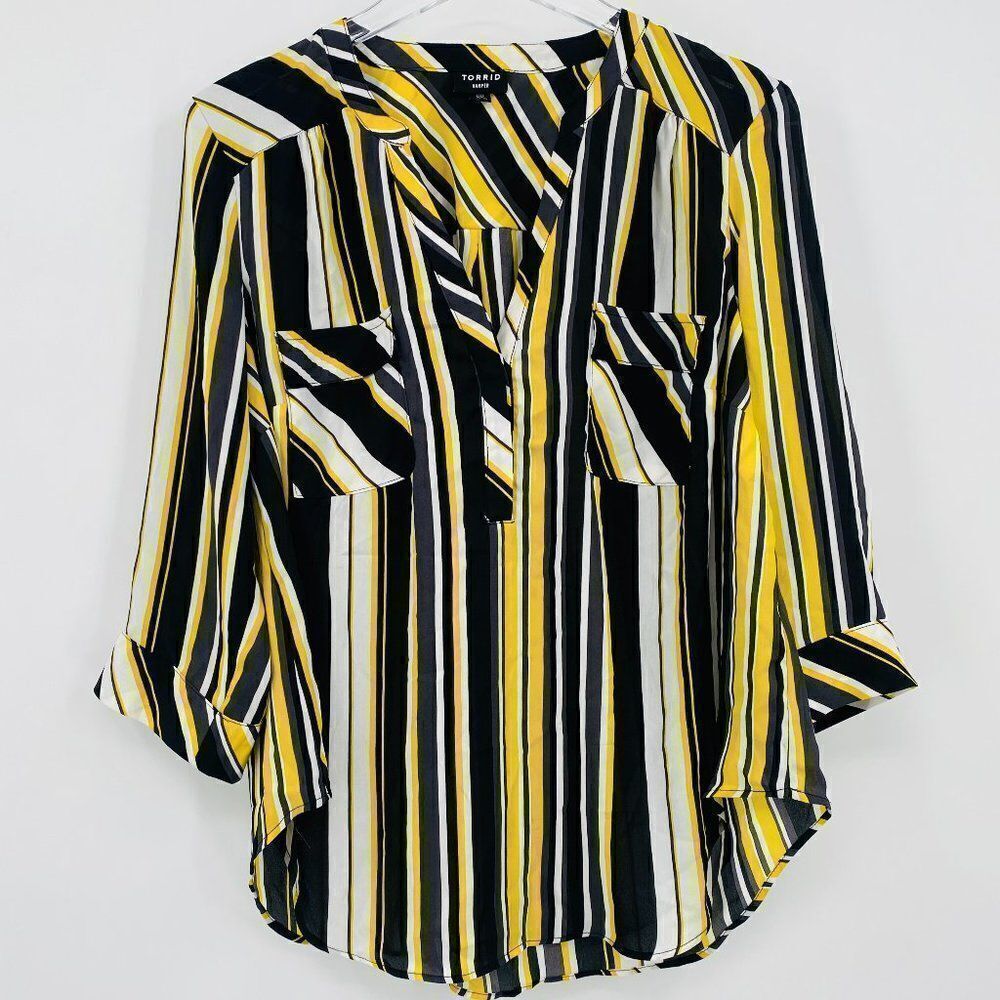 Torrid Size Large 00X Black & Yellow Striped Harper Popover Blouse Top Career